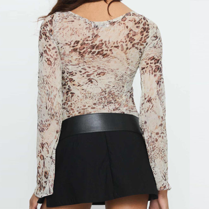 Women's Leopard-Print Mesh Slim-Fit Crew-Neck Top