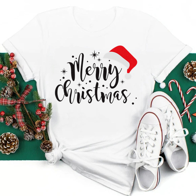 New Year Christmas Plus Size Round Neck Short Sleeve T-shirt