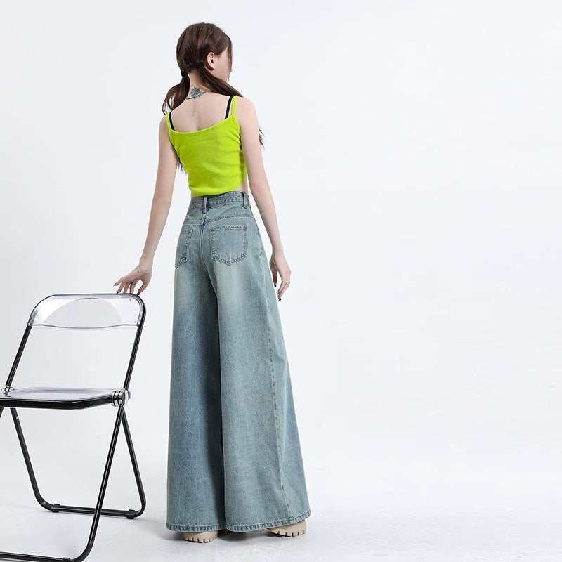 Vaskede vintage wide leg jeans til kvinder, forår og efterår, ny kollektion