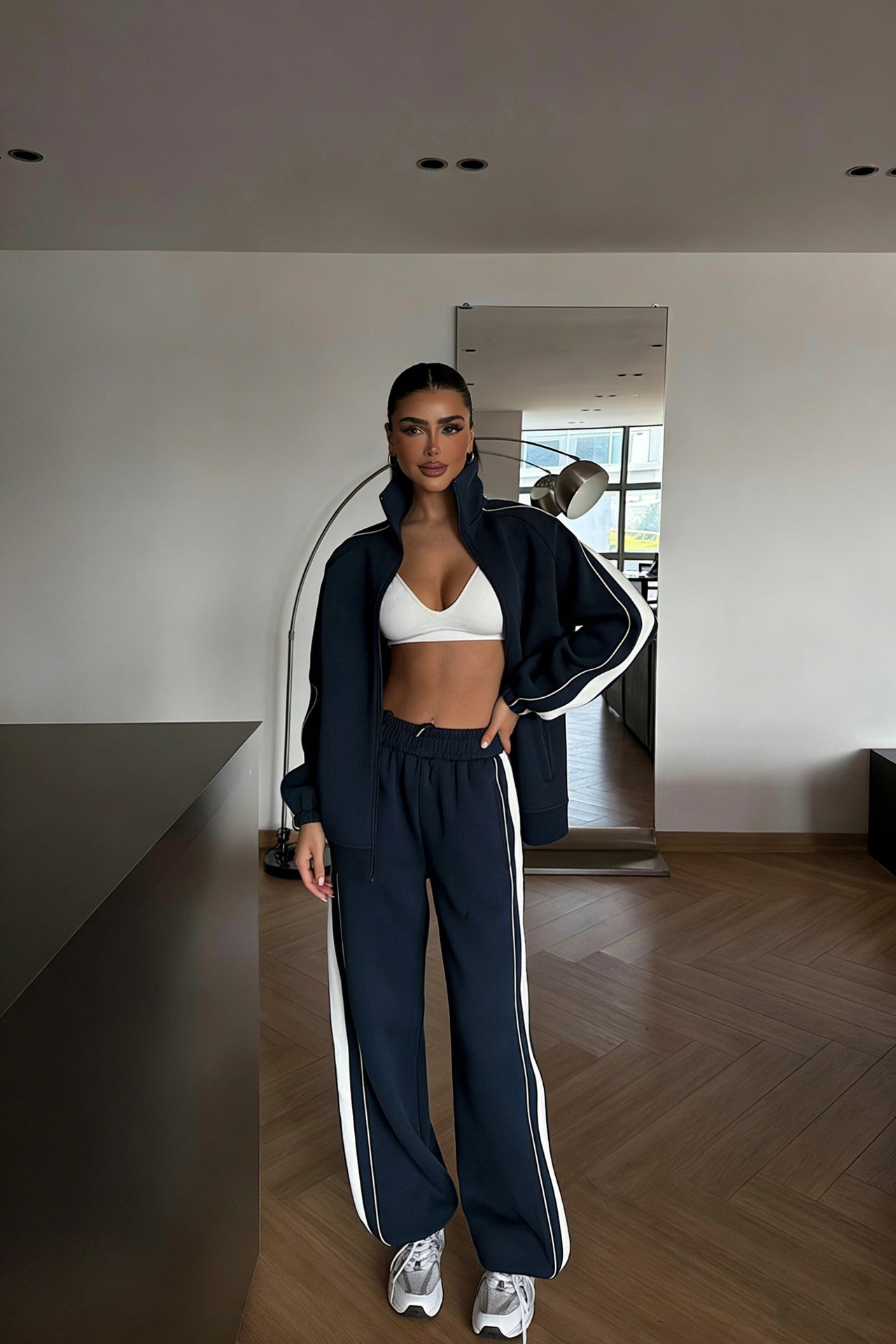 Womens Fashionable Striped Color-Block Zip-Up Cardigan And Pants Set