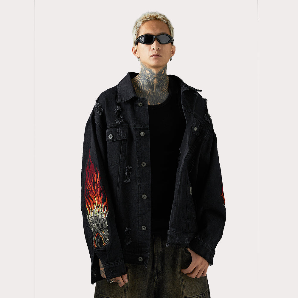 Faucet Zodiac Needle Embroidery Denim Jacket Men's High Street National Fashion Design Sense Ripped Jacket
