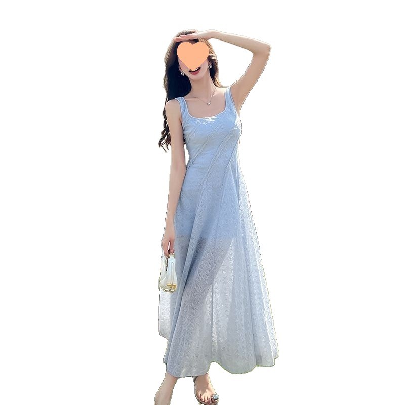 French-style Blue Square-Neck Strap Dress Womens Waist-Cinching Slimming Dress