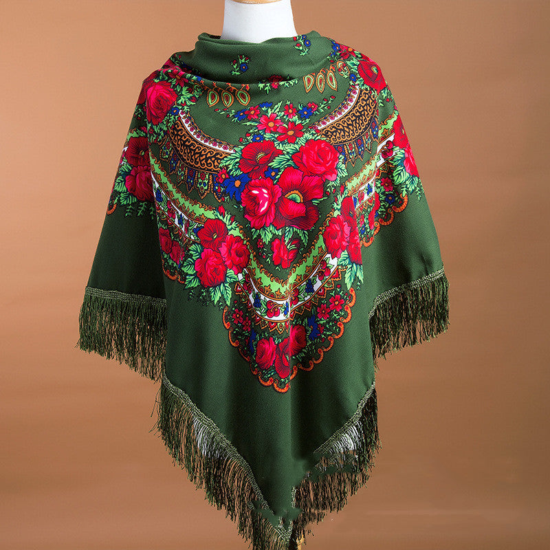 Large Square Scarf Shawl With Ethnic Print Tassels To Keep Warm