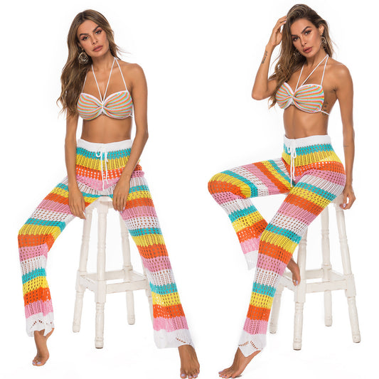 Rainbow-colored Hollow-out Knitted Pants Crochet Bikini Swimsuit Beach Shorts For Women