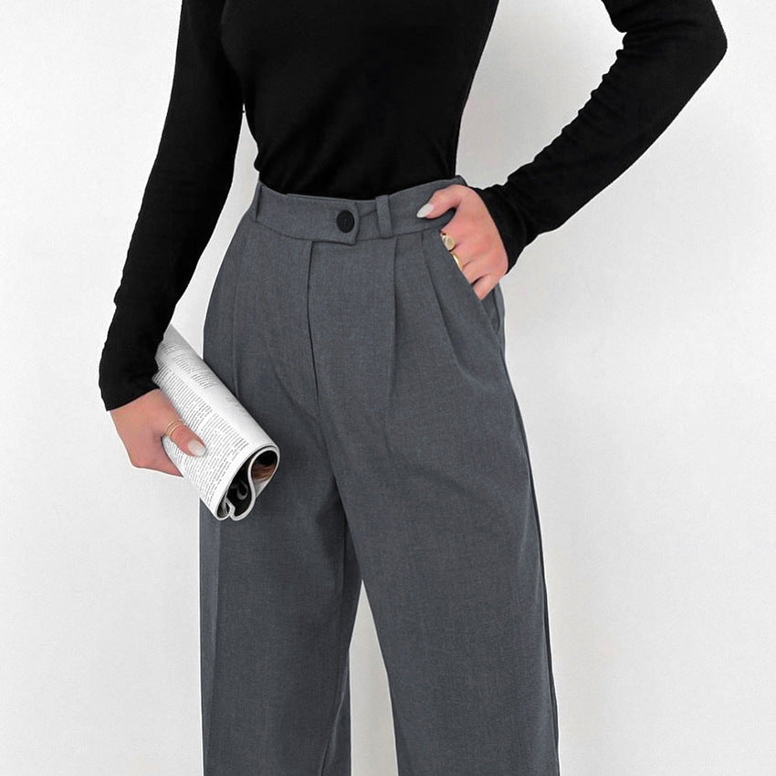 Gray High Waist Straight Commute Style Draped Trousers Pants