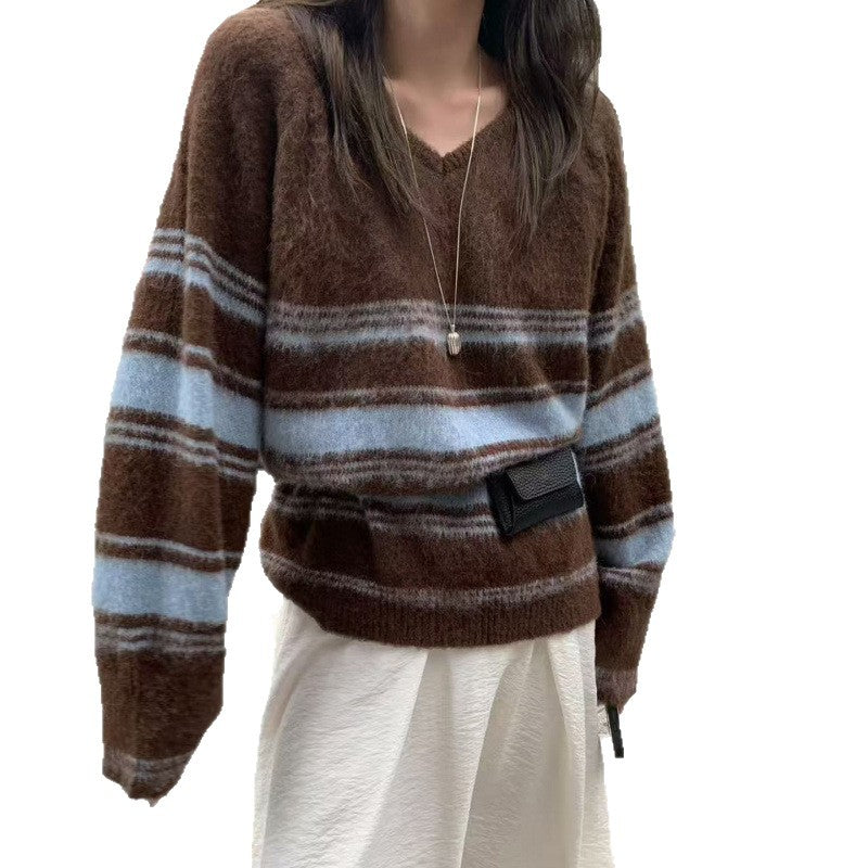 V-neck Layered Striped Brushed Lazy Style Versatile Knit Sweater Women