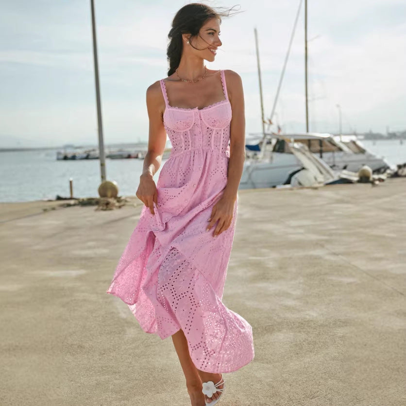 V-neck Slip Waist-Cinching A-Line Embroidered Hollow-Out Floral Dress