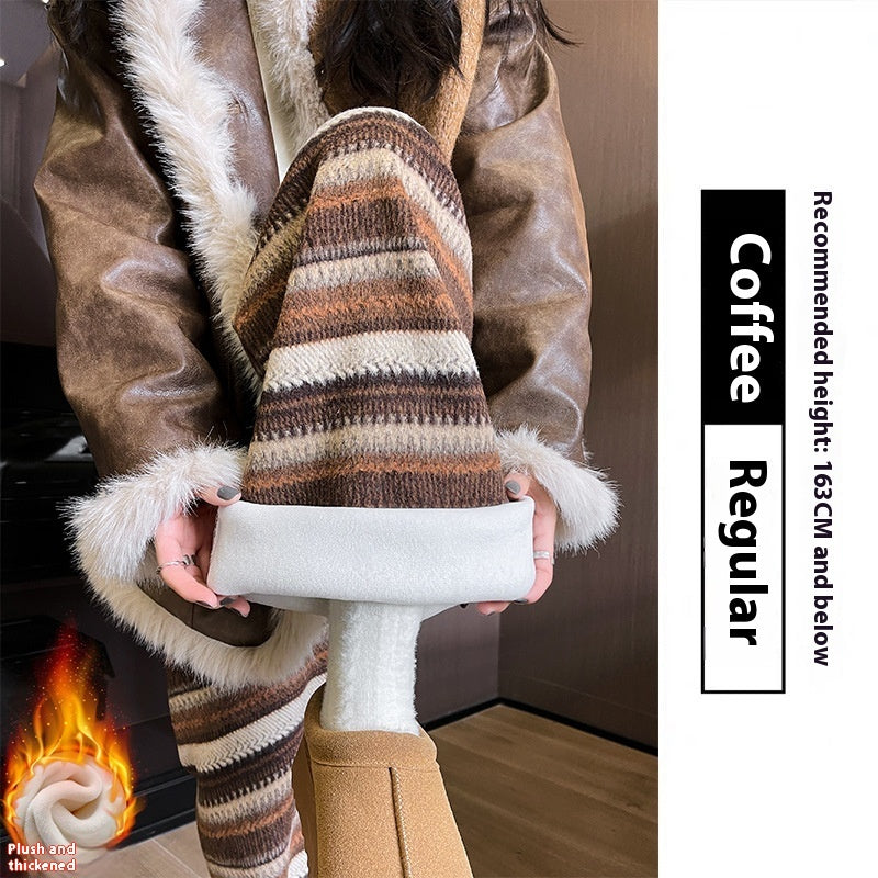 Woolen Striped Women's Wide-leg Pants Fallwinter Comfortable Retro