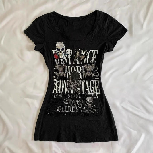 Retro Crew Neck Shoulder Slim-fit Slimming Short Sleeve
