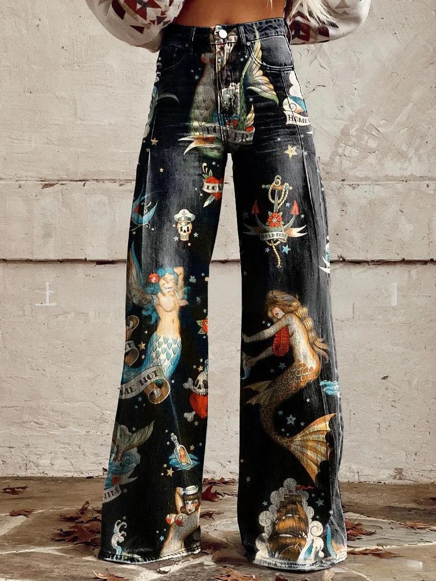 printed Retro Sunflower Guitar Art-style Womens Wide-leg Flared Denim Jeans 3D