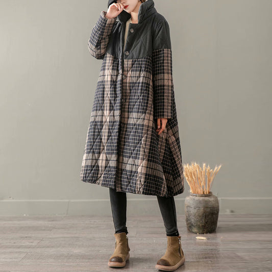 Artistic Retro Long Hooded Plaid Cotton Coat Cotton Jacket Women's Chinese Style Loose Puffer Jacket