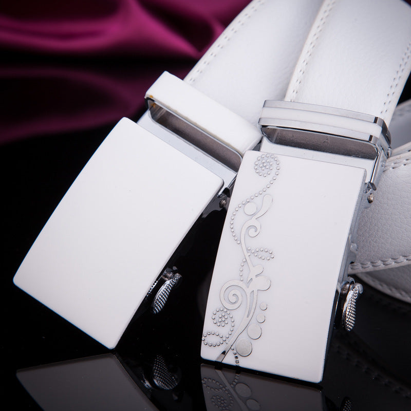 Men's Leather Belt Alloy Automatic Buckle White Belt