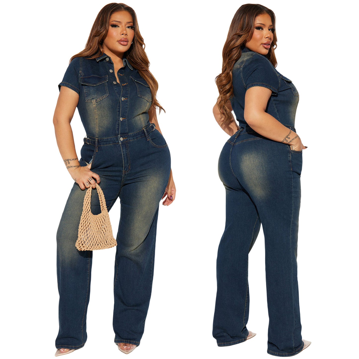 Tight Waist Slim Elastic Washed Denim Jumpsuit