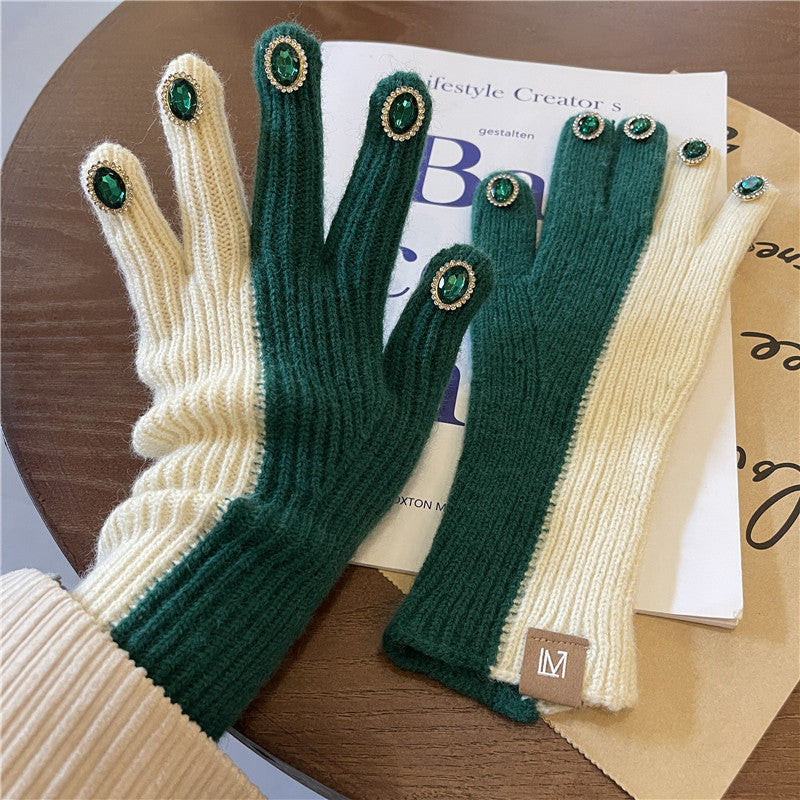 Design Sensitive Color Matching Knitted Rhinestone Gloves