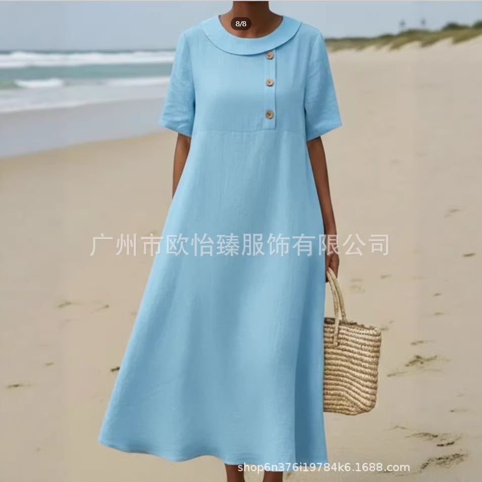 Solid-color Comfortable Crew-neck Loose-fitting Dress For Women