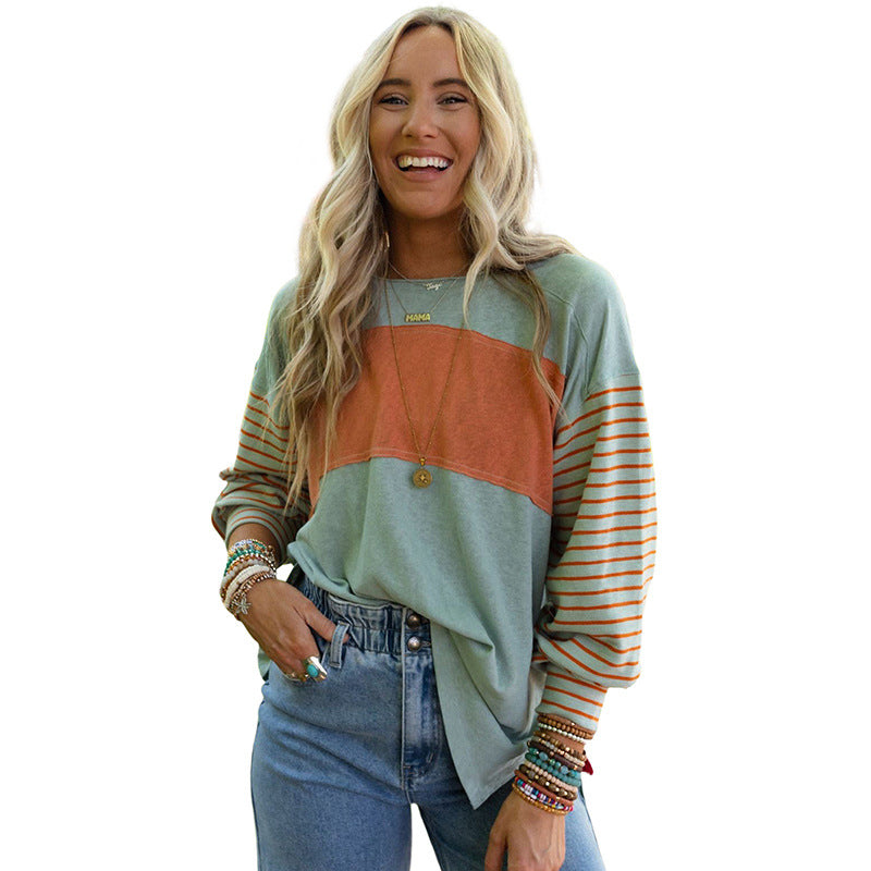 Women's Hoodie Casual Striped Color Matching Long-sleeved Top
