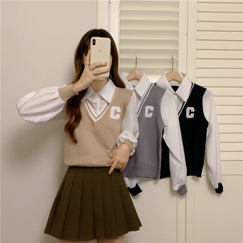 College Style Vest Autumn Outer Wear Knitted Sweater For Women