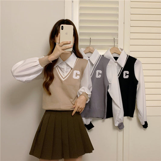 College Style Vest Autumn Outer Wear Knitted Sweater For Women
