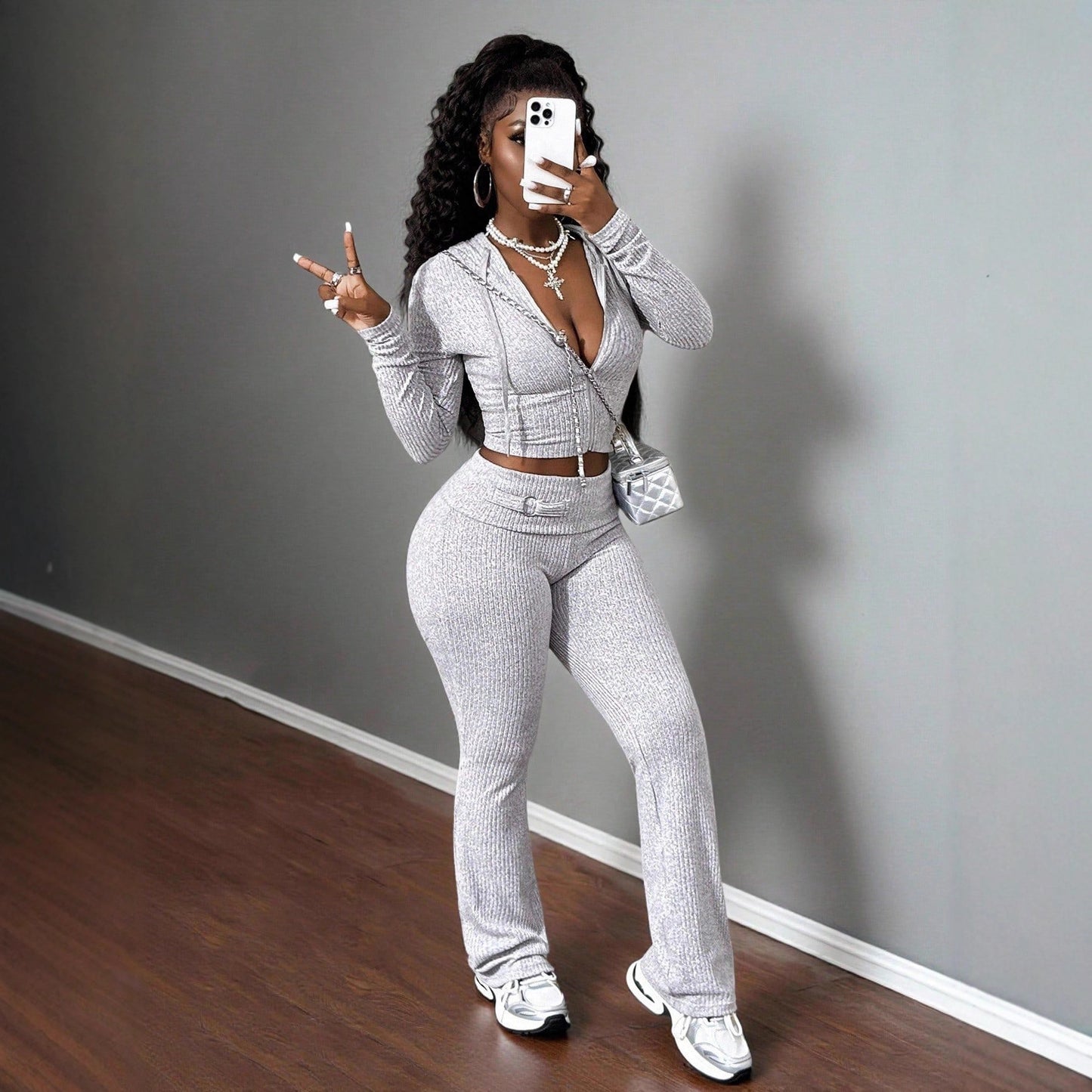 Knitted Ribbed Two-piece Full-length Pants Set