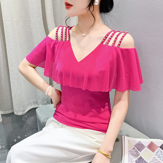 V-hals Mesh Kortærmet Smart Off-the-shoulder Bore Spænde Top T-shirt
