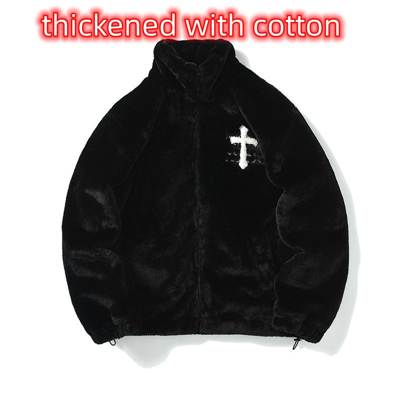 Men's Hip Hop Letter Embroidered  Rabbit Fur Jacket