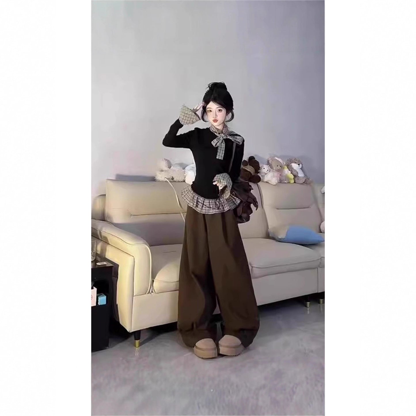 Women's Autumn Fake Two-Piece Spliced Black Base Shirt Long Sleeve T-Shirt