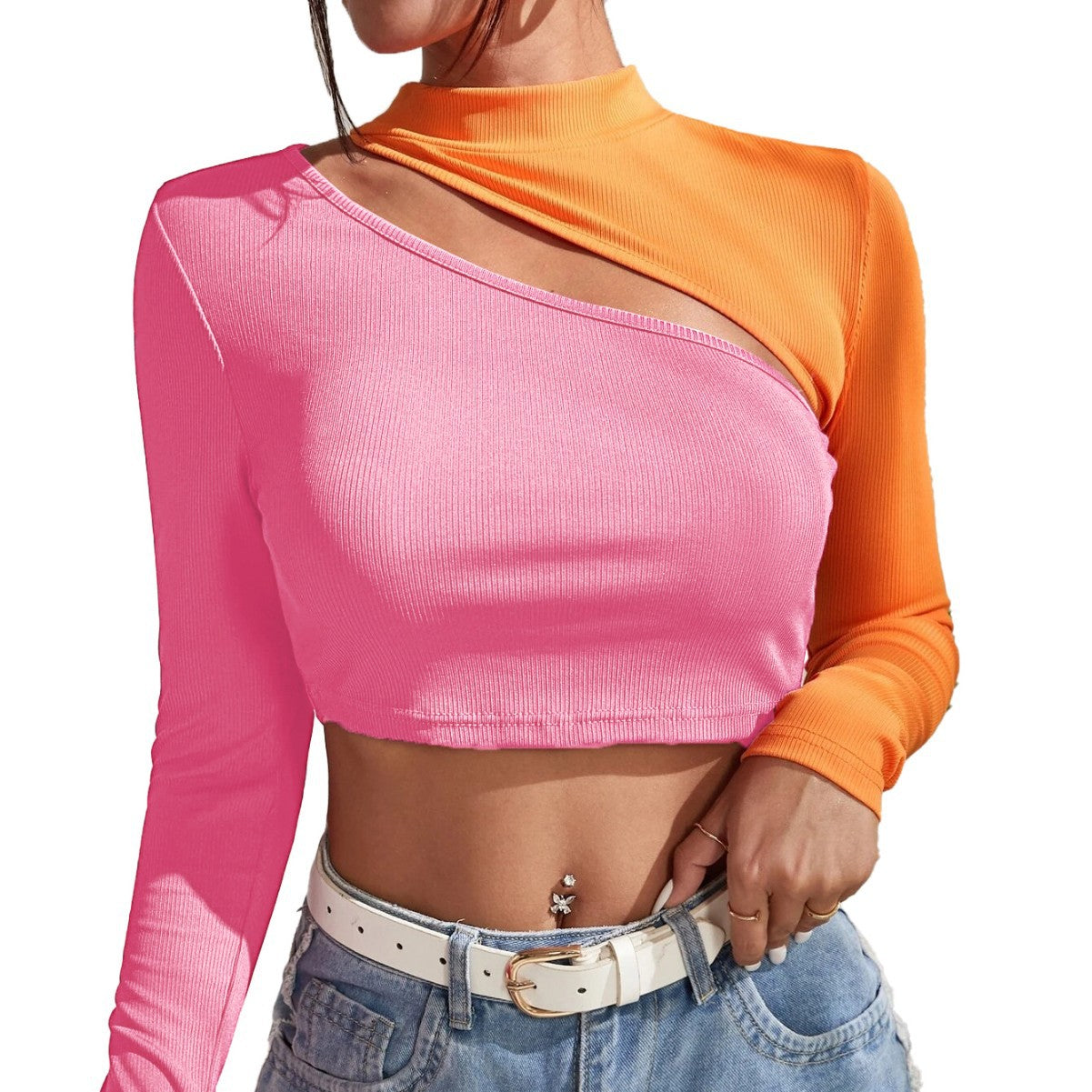 Women's New Hollow-out Color-blocking Short Slim-fit Long-sleeve Top