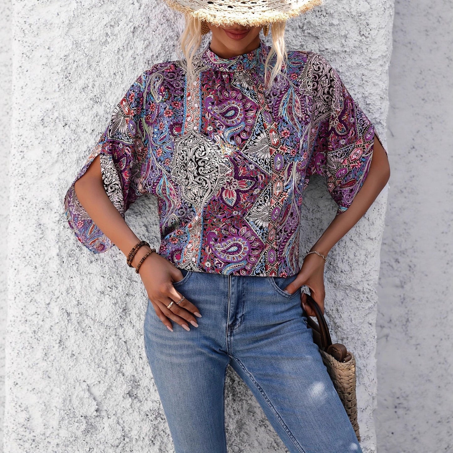 Paisley-print V-neck Loose-fit Long-sleeve Womens Blouseundershirt
