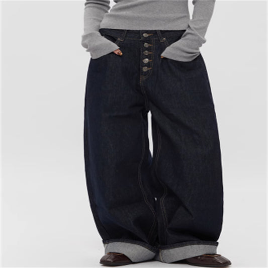 Spring And Autumn Straight Simple Retro Loose Wide-leg Jeans
