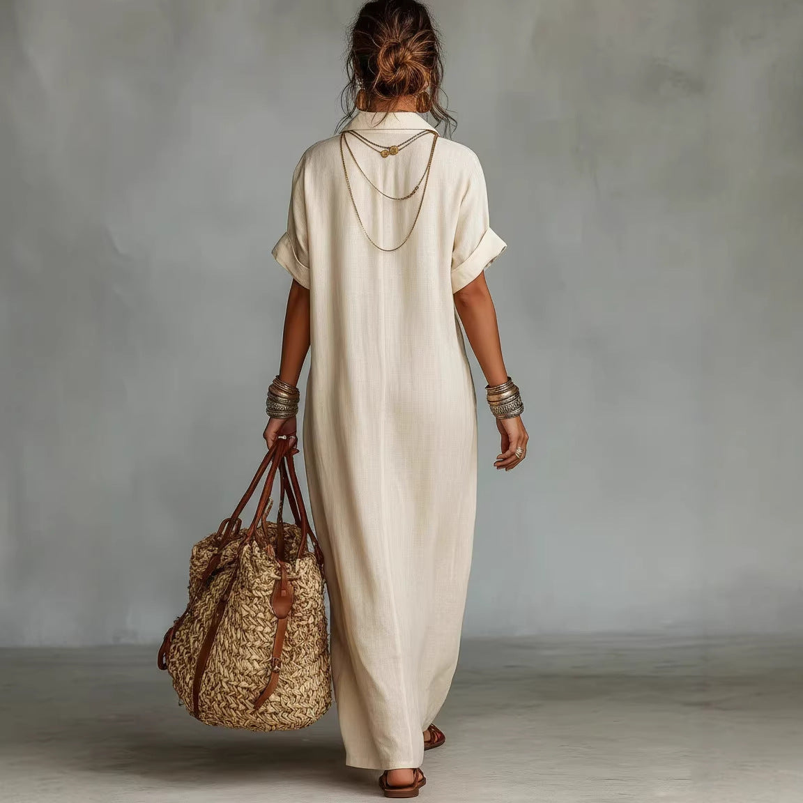 Casual Cotton-Linen Embroidered Pattern Short-Sleeve Pocket Dress