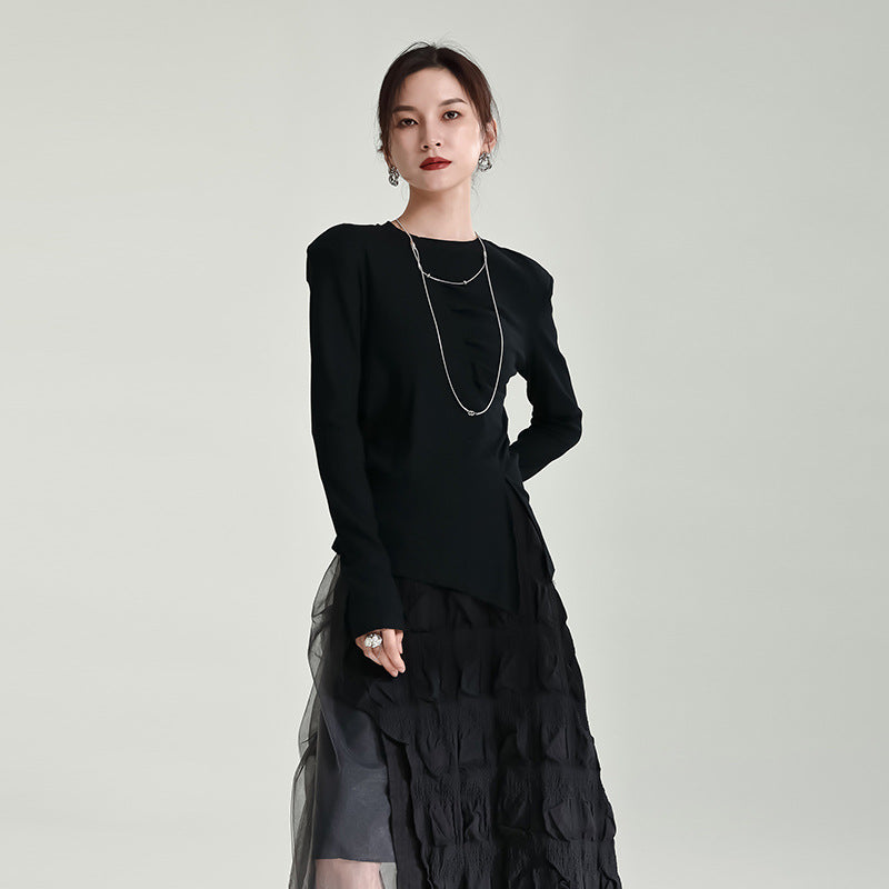 Gray Contrast Color Heavy Industry Stitching Mesh Pleats Skirt For Women