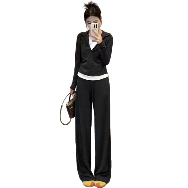 Fashion Women's Stitching Hooded Top Half Zipper Casual Suit
