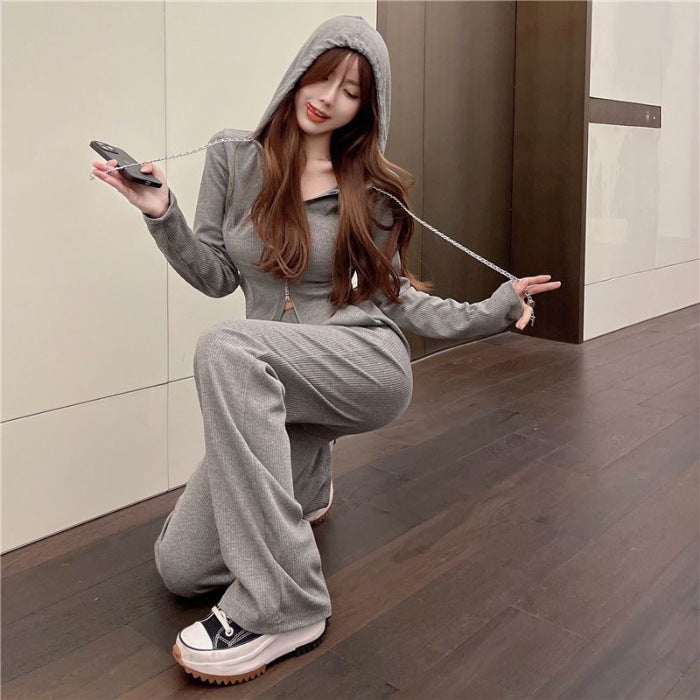 Women's Long-sleeved Sweatshirt High-waisted Casual Wide-leg Pants Two-piece Set