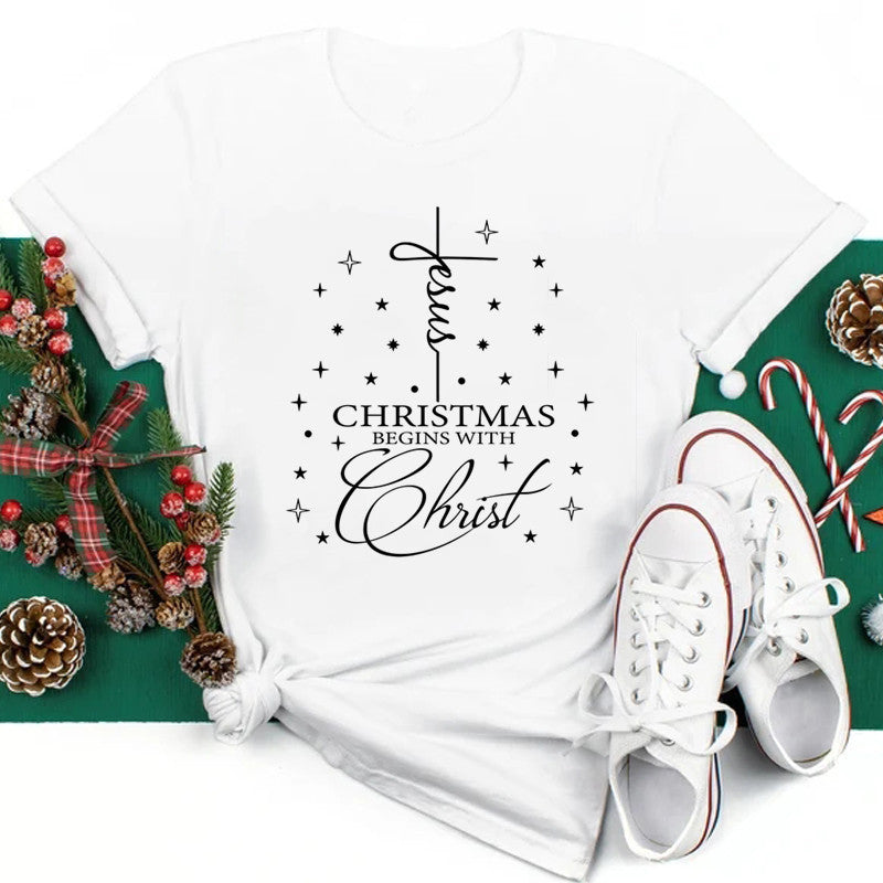 New Year Christmas Plus Size Round Neck Short Sleeve T-shirt