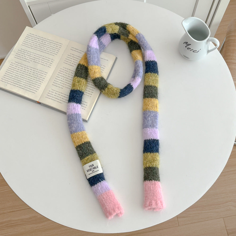 Versatile Narrow Rainbow-colored Retro Slim Long Scarf With A Chic Knitted Design