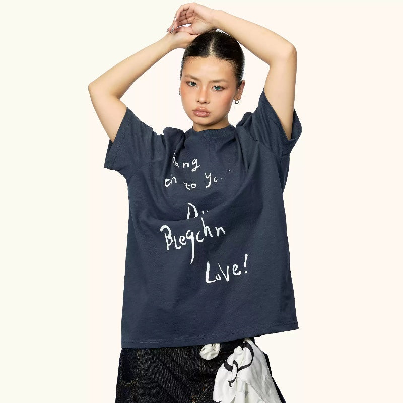 Cursive Script Letter Short Sleeve Round Neck T-shirt For Women Summer New