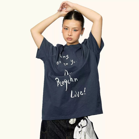 Cursive Script Letter Short Sleeve Round Neck T-shirt For Women Summer New