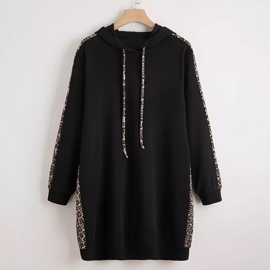 Hættetrøje med løbesnor og leopardprint i plus size