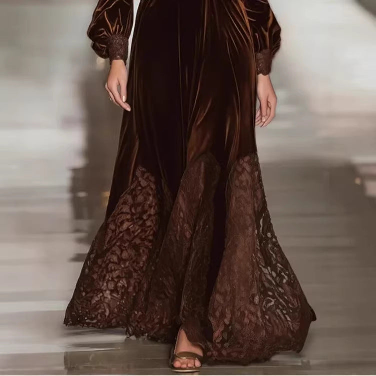 Brown Lace Long-Sleeve Slim-Fit Patchwork Maxi Dress