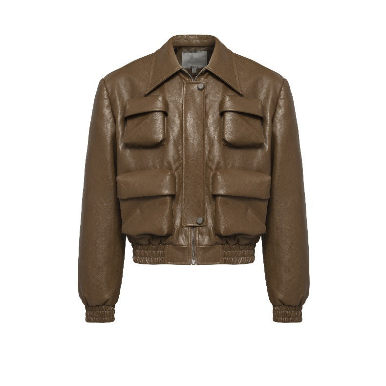 Short Multi-pocket Profile Design Spring And Autumn Leather Jacket Men's Loose Leisure Short Coat