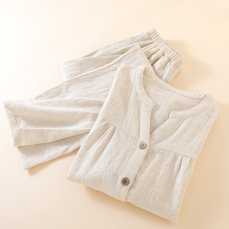 Womens Autumn Japanese-Style V-Neck Solid-Color Long-Sleeve Pantsuit