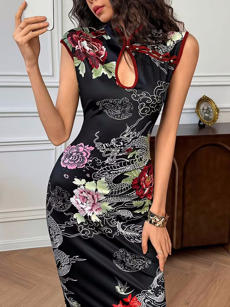 Womens Dragon-Pattern Digital-Print Stand-Collar Modified Chinese Cheongsam