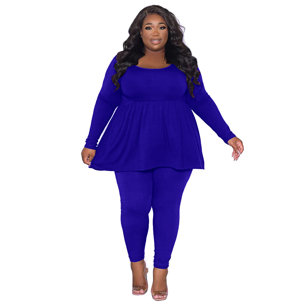 Women's Plus-Size Solid-Color Long-Sleeve T-Shirt Two-Piece Set