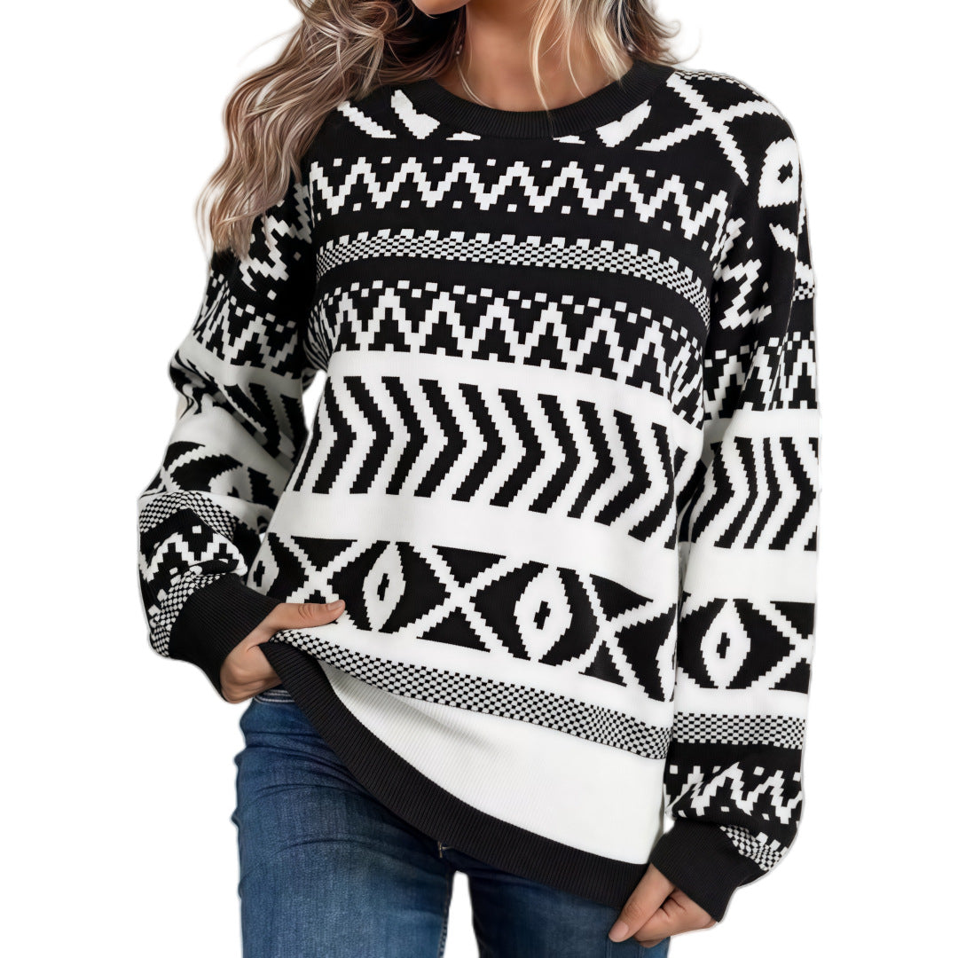 Intellectual Style Unique Long Sleeve Round Neck Knitted Sweater