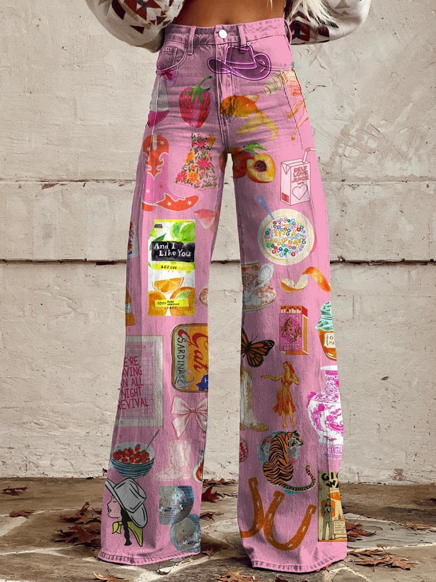 Lightweight Faux Denim Pants With Wide Legs And 3D Print