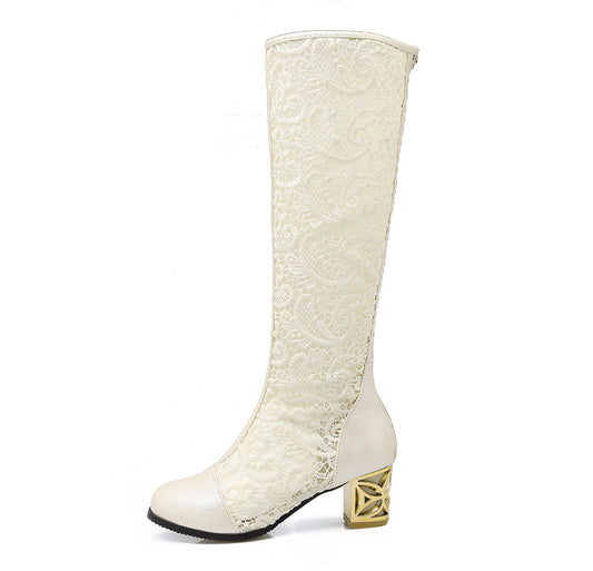 Round Toe Stitching Lace Back-zip Boots Chunky Heel Women's Sandals