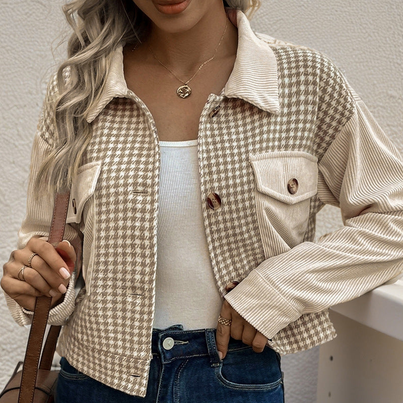 Corduroy Stitching Brushed Houndstooth Coat Women