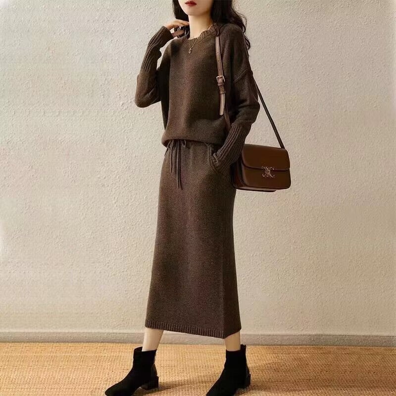 Knitted Loose Slimming Top With Skirt Two-piece Set For Women