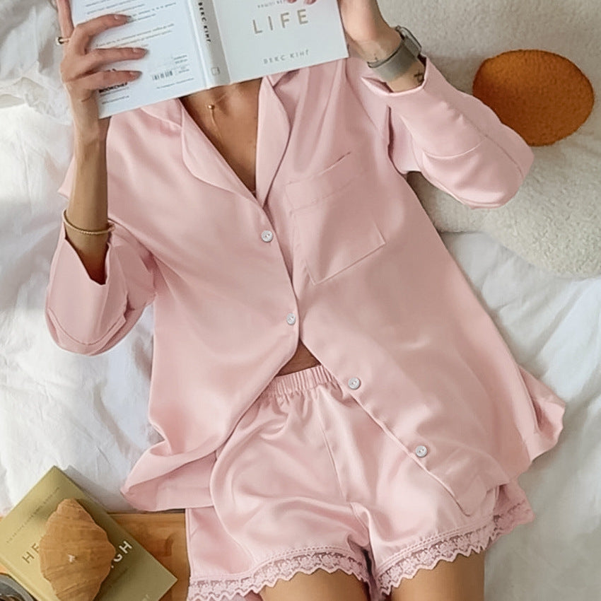 Satin And Velour Pajamas With Lace A Premium Two-piece Set Featuring Long Sleeves And Shorts For Loungewear