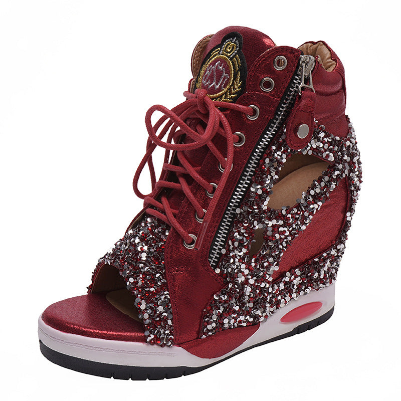 Personalized Sponge Cake With Thick-soled Casual Sequin Lace-up Fish Mouth Shoes